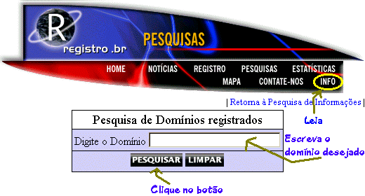 Escreva o domínio desejado
e clique no botão Pesquisar. Não deixe de ler a página
de Informações sobre registros de domínios (INFO)